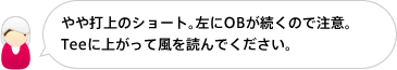 やや打上のショート。左にOBが続くので注意。
Teeに上がって風を読んでください。