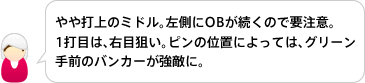 やや打上のミドル。左側にOBが続くので要注意。
1打目は、右目狙い。ピンの位置によっては、グリーン手前のバンカーが強敵に。