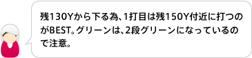 残130Yから下る為、1打目は残150Y付近に打つのがBEST。グリーンは、2段グリーンになっているので注意。