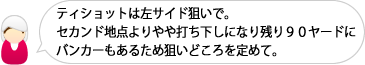 ティショットは左サイド狙いで。セカンド地点よりやや打ち下しになり残り９０ヤードにバンカーもあるため狙いどころを定めて。