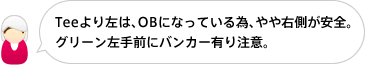 Teeより左は、OBになっている為、やや右側が安全。グリーン左手前にバンカー有り注意。