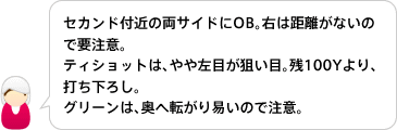 セカンド付近の両サイドにOB。右は距離がないので要注意。
ティショットは、やや左目が狙い目。残100Yより、打ち下ろし。グリーンは、奥へ転がり易いので注意。