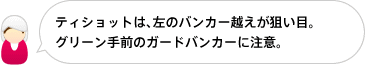 ティショットは、左のバンカー越えが狙い目。グリーン手前のガードバンカーに注意。