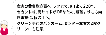 左奥の黄色旗方面へ。ラフまで、R.Tより220Y。
セカンドは、両サイドがOBなため、距離よりも方向性重視に、段の上へ。グリーン手前のバンカーと、センター左右の2段グリーンにも注意。